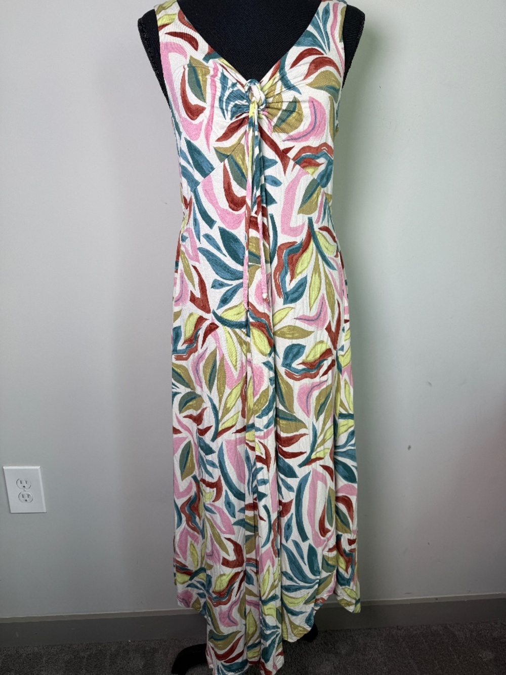 Z Supply Tropical Leaf Print Tie Front V-Neck Maxi Dress Sz L